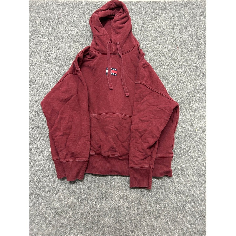 Tommy Jeans Hoodie Mens Size XL Burgundy Cotton Relaxed Fit Logo Patch Pullover